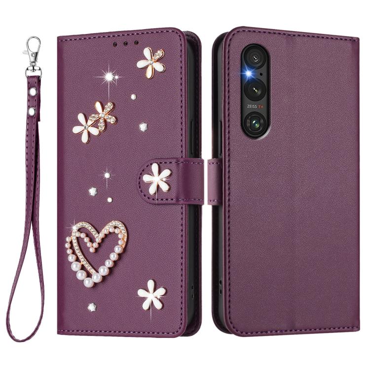 For Sony Xperia 1 V ZS01 Double-Layer Heart Floral Vegan Leather Phone Case with Wrist Strap