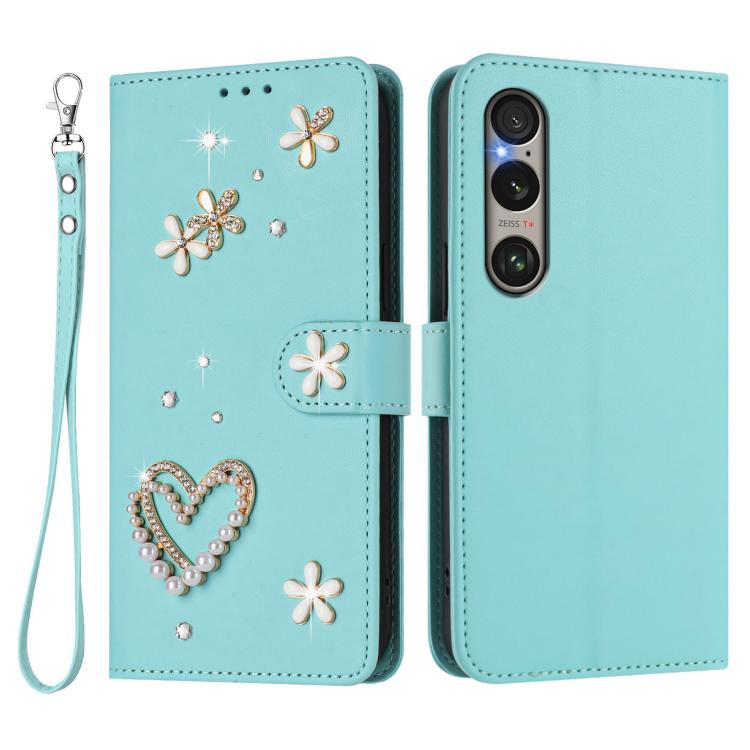 For Sony Xperia 1 VI ZS01 Double-Layer Heart Floral Vegan Leather Phone Case with Wrist Strap