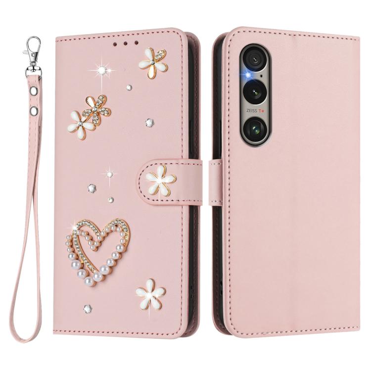 For Sony Xperia 1 VI ZS01 Double-Layer Heart Floral Vegan Leather Phone Case with Wrist Strap