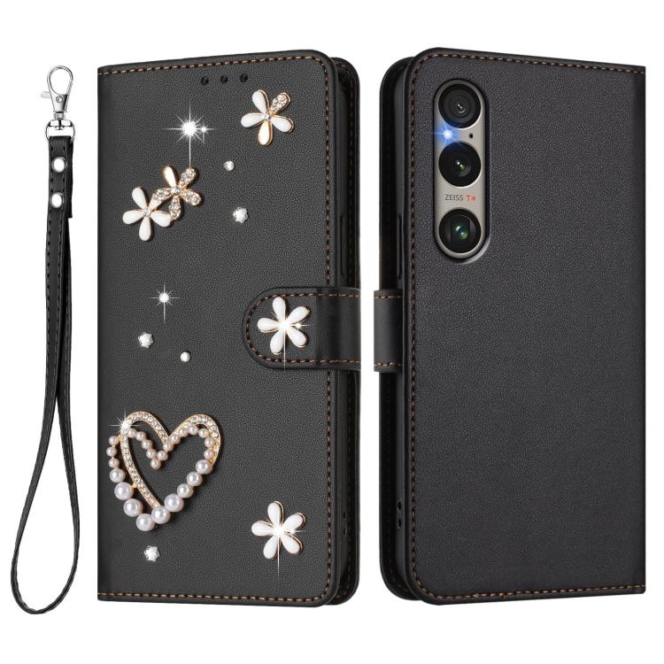For Sony Xperia 1 VI ZS01 Double-Layer Heart Floral Vegan Leather Phone Case with Wrist Strap