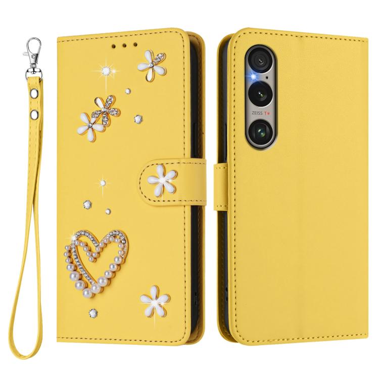 For Sony Xperia 1 VI ZS01 Double-Layer Heart Floral Vegan Leather Phone Case with Wrist Strap