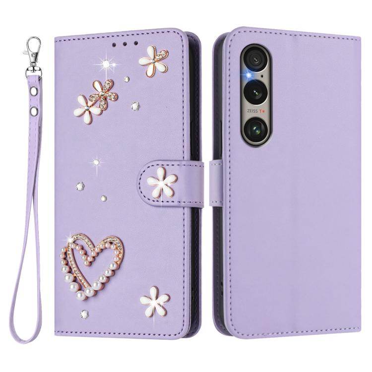 For Sony Xperia 1 VI ZS01 Double-Layer Heart Floral Vegan Leather Phone Case with Wrist Strap
