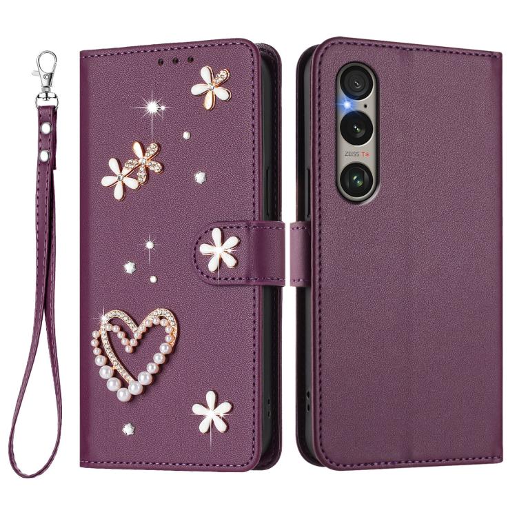 For Sony Xperia 1 VI ZS01 Double-Layer Heart Floral Vegan Leather Phone Case with Wrist Strap