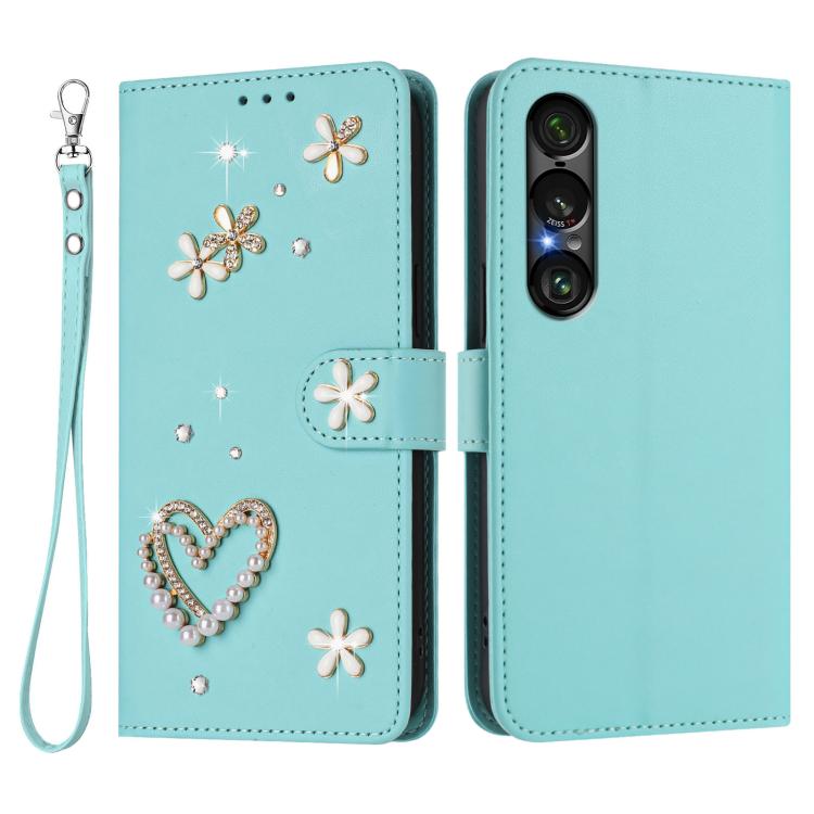 For Sony Xperia 1 VII ZS01 Double-Layer Heart Floral Vegan Leather Phone Case with Wrist Strap