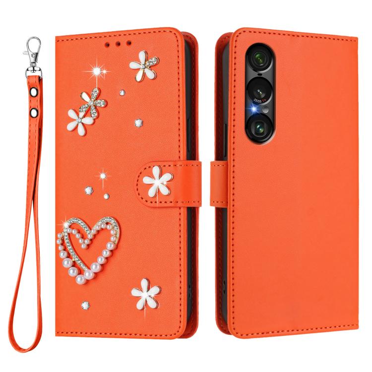 For Sony Xperia 1 VII ZS01 Double-Layer Heart Floral Vegan Leather Phone Case with Wrist Strap