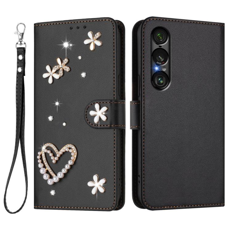 For Sony Xperia 1 VII ZS01 Double-Layer Heart Floral Vegan Leather Phone Case with Wrist Strap