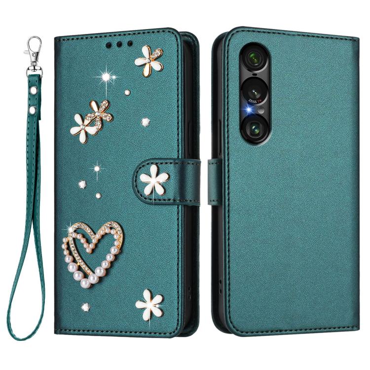 For Sony Xperia 1 VII ZS01 Double-Layer Heart Floral Vegan Leather Phone Case with Wrist Strap