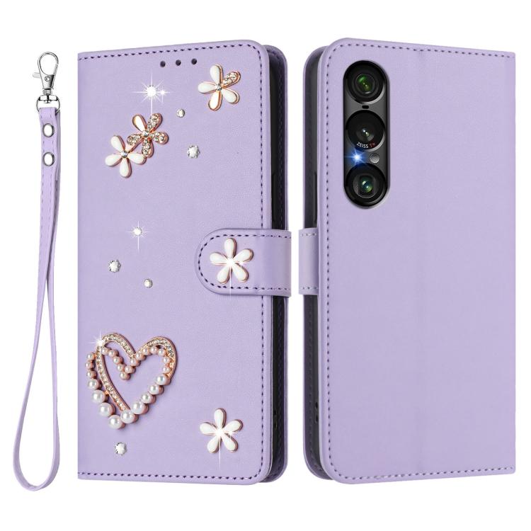 For Sony Xperia 1 VII ZS01 Double-Layer Heart Floral Vegan Leather Phone Case with Wrist Strap