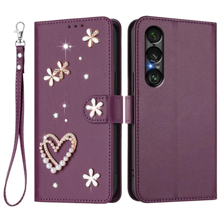 For Sony Xperia 1 VII ZS01 Double-Layer Heart Floral Vegan Leather Phone Case with Wrist Strap
