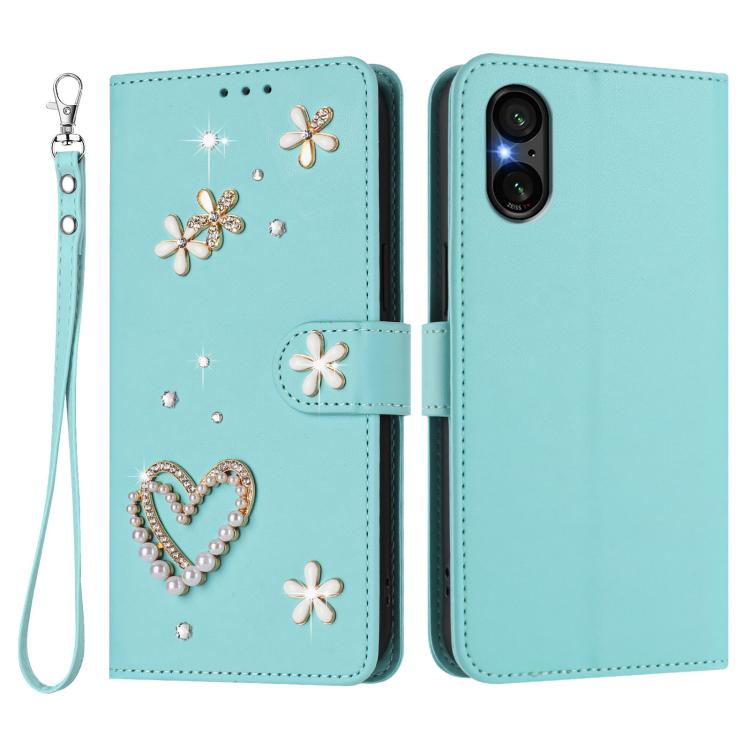For Sony Xperia 5 V ZS01 Double-Layer Heart Floral Vegan Leather Phone Case with Wrist Strap