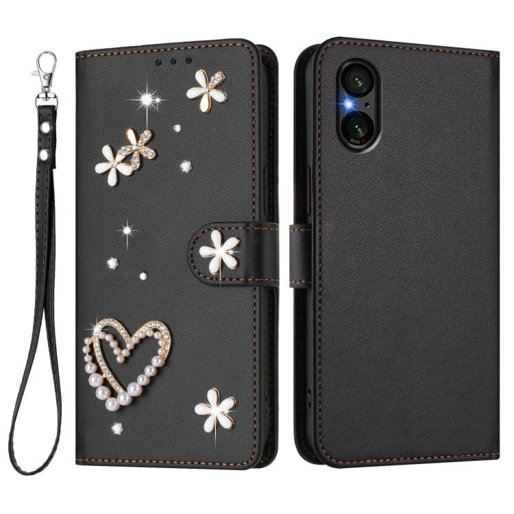 For Sony Xperia 5 V ZS01 Double-Layer Heart Floral Vegan Leather Phone Case with Wrist Strap