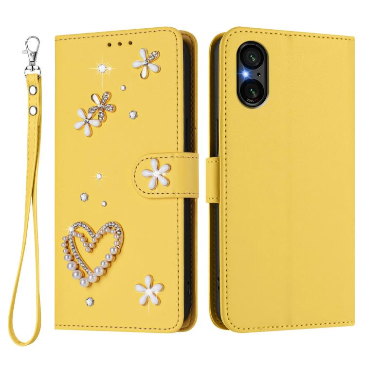 For Sony Xperia 5 V ZS01 Double-Layer Heart Floral Vegan Leather Phone Case with Wrist Strap