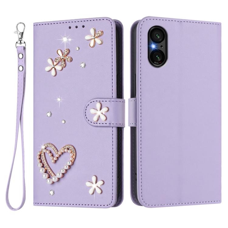 For Sony Xperia 5 V ZS01 Double-Layer Heart Floral Vegan Leather Phone Case with Wrist Strap
