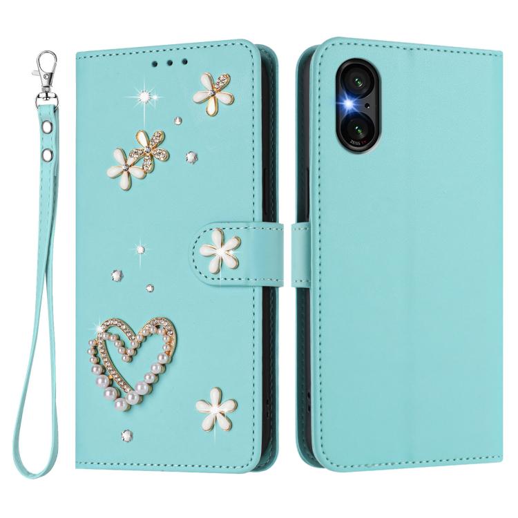For Sony Xperia 5 VI ZS01 Double-Layer Heart Floral Vegan Leather Phone Case with Wrist Strap