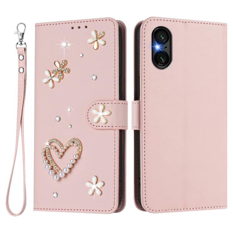 For Sony Xperia 5 VI ZS01 Double-Layer Heart Floral Vegan Leather Phone Case with Wrist Strap