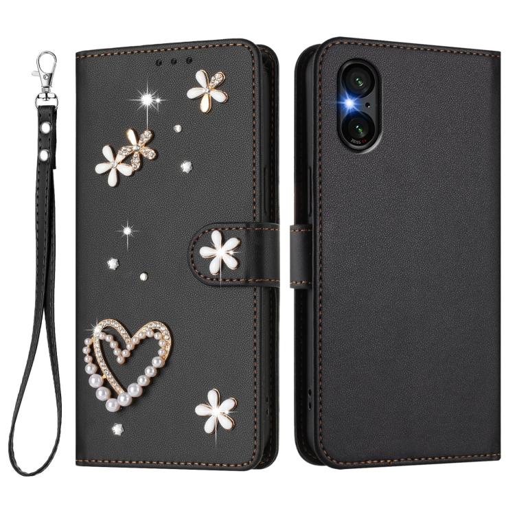 For Sony Xperia 5 VI ZS01 Double-Layer Heart Floral Vegan Leather Phone Case with Wrist Strap