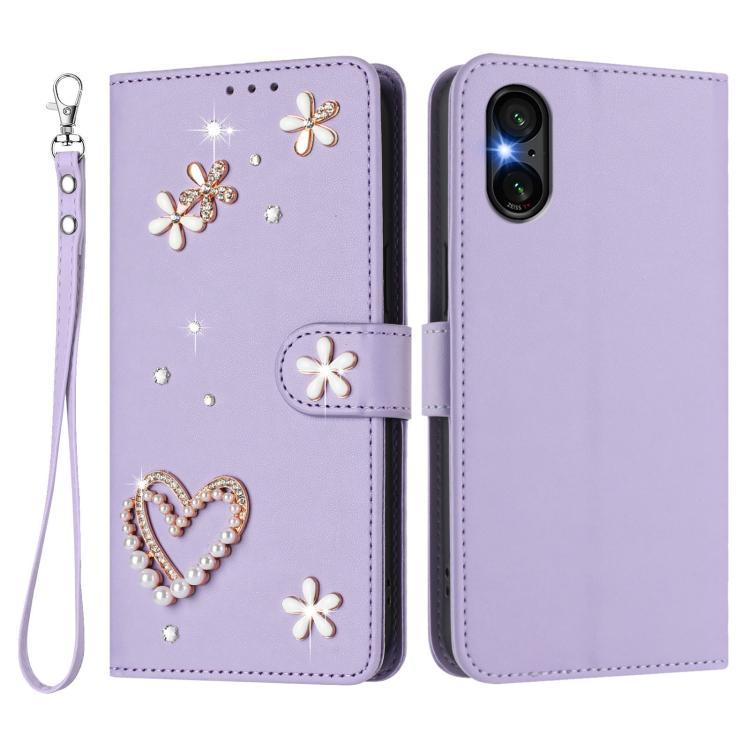 For Sony Xperia 5 VI ZS01 Double-Layer Heart Floral Vegan Leather Phone Case with Wrist Strap