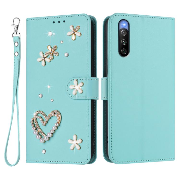 For Sony Xperia 10 V ZS01 Double-Layer Heart Floral Vegan Leather Phone Case with Wrist Strap