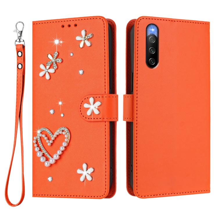 For Sony Xperia 10 V ZS01 Double-Layer Heart Floral Vegan Leather Phone Case with Wrist Strap