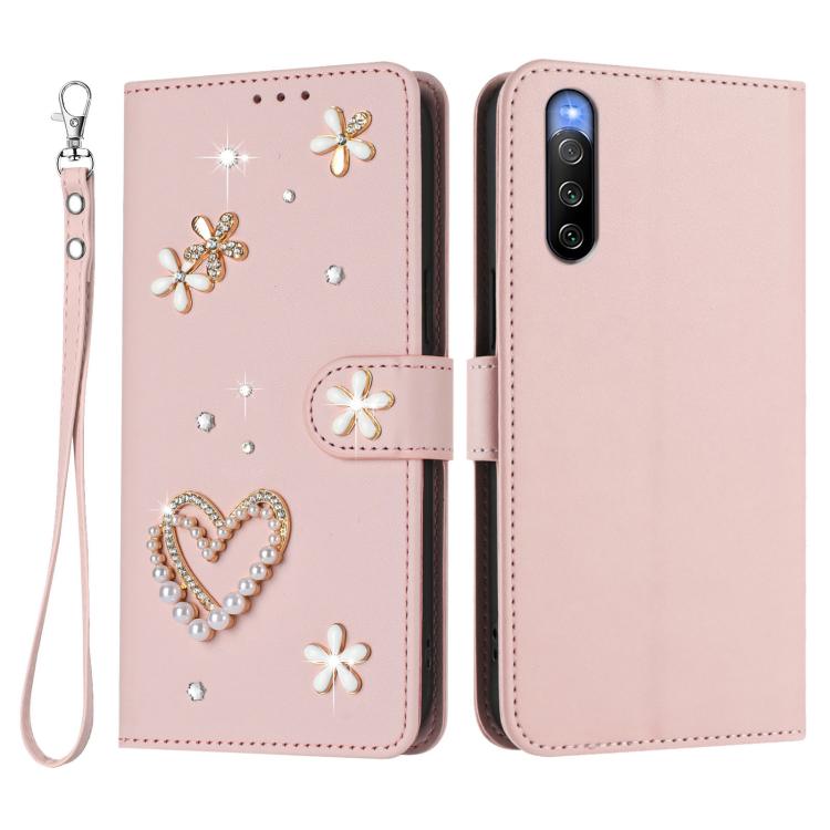 For Sony Xperia 10 V ZS01 Double-Layer Heart Floral Vegan Leather Phone Case with Wrist Strap