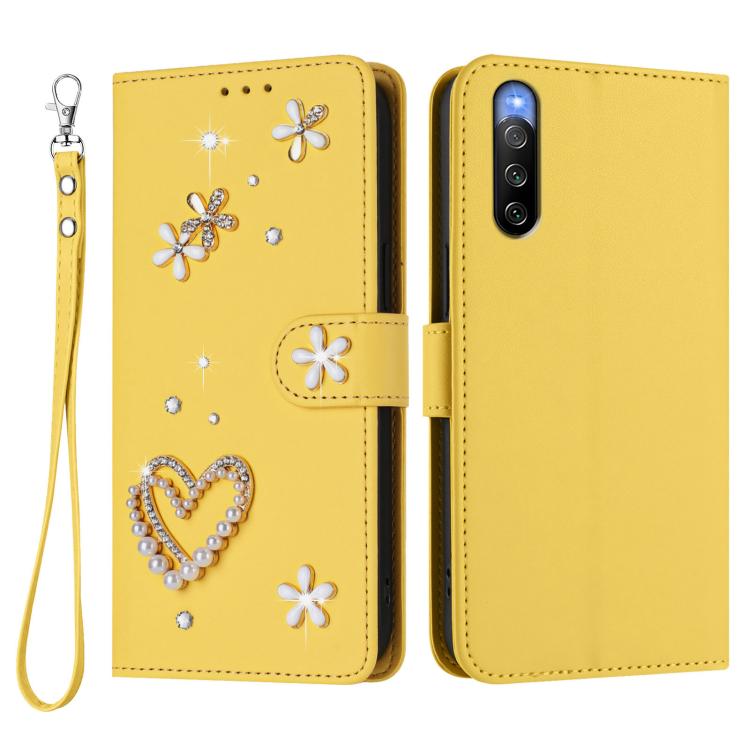 For Sony Xperia 10 V ZS01 Double-Layer Heart Floral Vegan Leather Phone Case with Wrist Strap