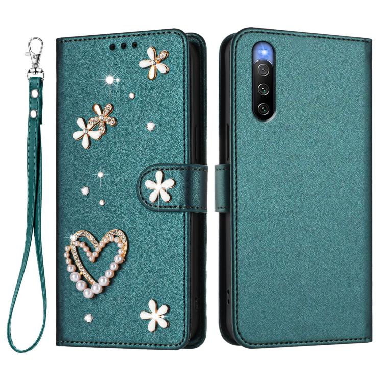 For Sony Xperia 10 V ZS01 Double-Layer Heart Floral Vegan Leather Phone Case with Wrist Strap