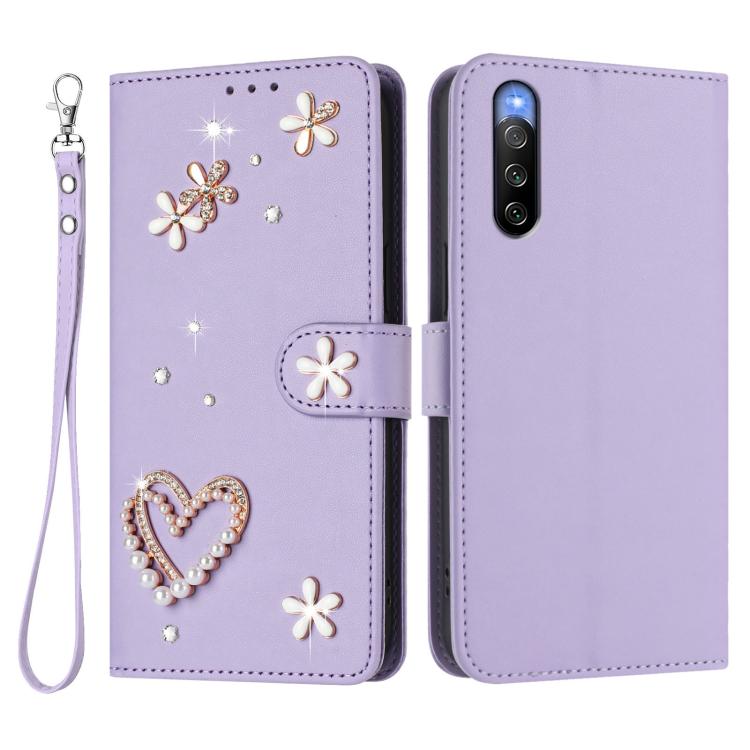For Sony Xperia 10 V ZS01 Double-Layer Heart Floral Vegan Leather Phone Case with Wrist Strap