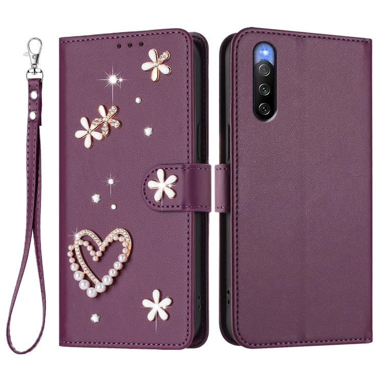 For Sony Xperia 10 V ZS01 Double-Layer Heart Floral Vegan Leather Phone Case with Wrist Strap