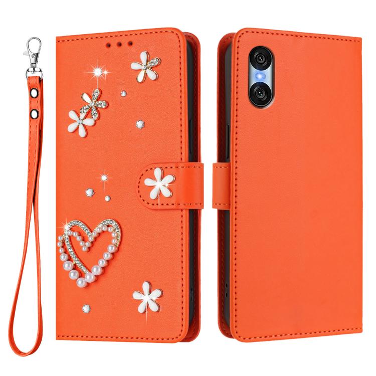 For Sony Xperia 10 VI ZS01 Double-Layer Heart Floral Vegan Leather Phone Case with Wrist Strap