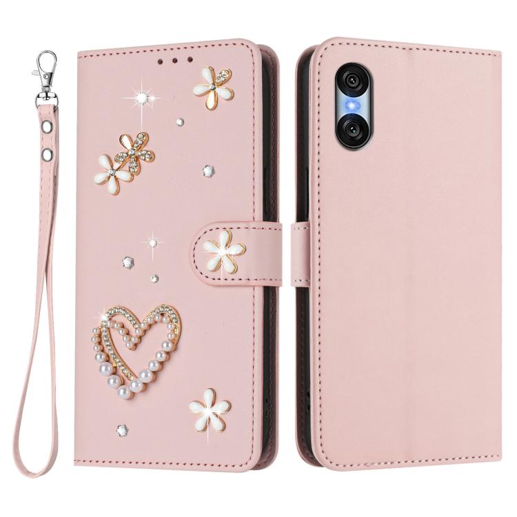 For Sony Xperia 10 VI ZS01 Double-Layer Heart Floral Vegan Leather Phone Case with Wrist Strap