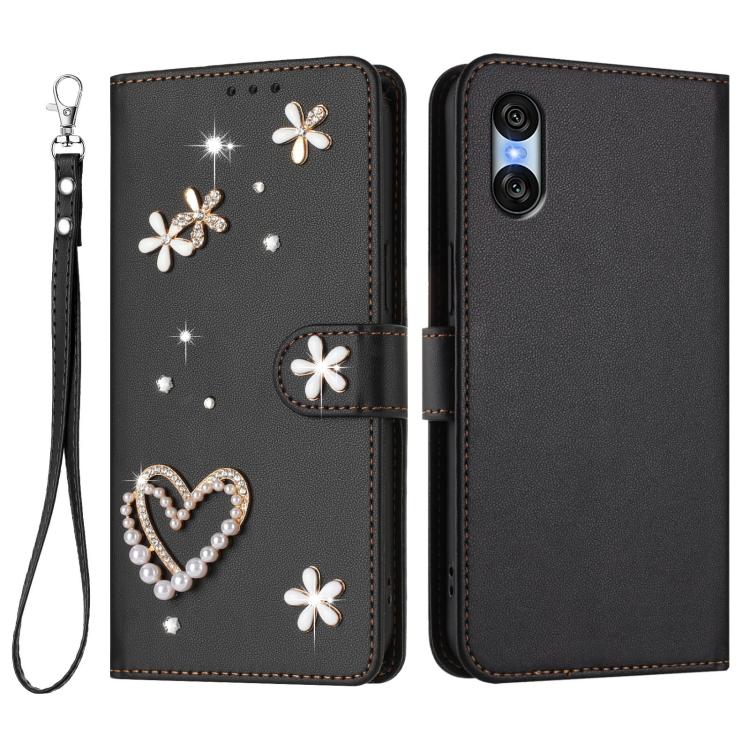 For Sony Xperia 10 VI ZS01 Double-Layer Heart Floral Vegan Leather Phone Case with Wrist Strap