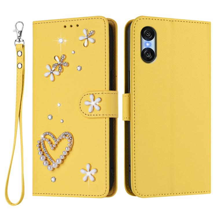 For Sony Xperia 10 VI ZS01 Double-Layer Heart Floral Vegan Leather Phone Case with Wrist Strap