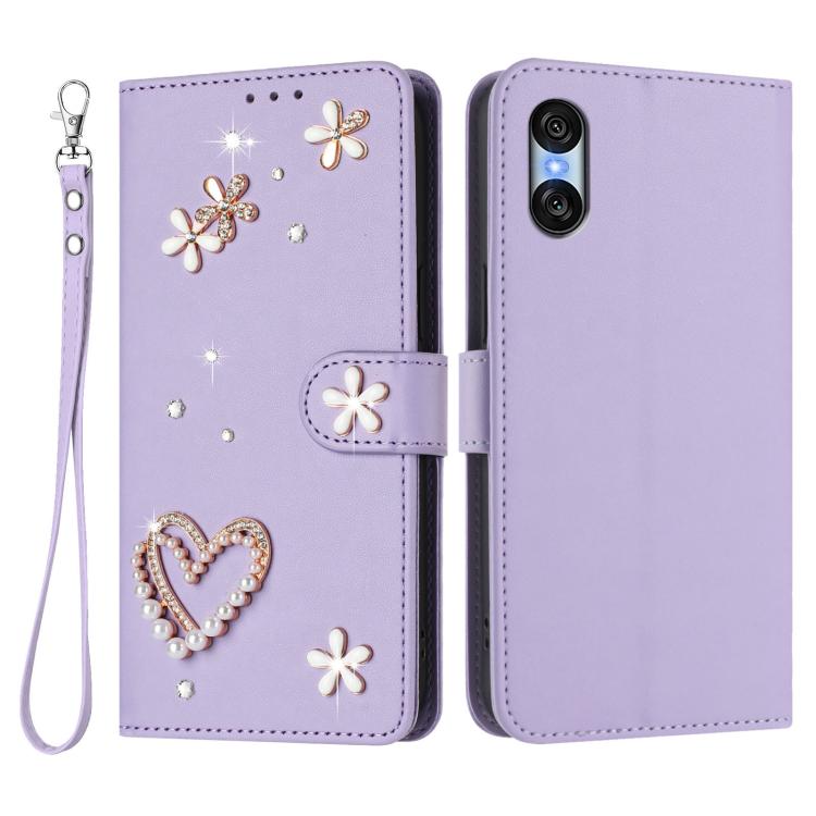For Sony Xperia 10 VI ZS01 Double-Layer Heart Floral Vegan Leather Phone Case with Wrist Strap
