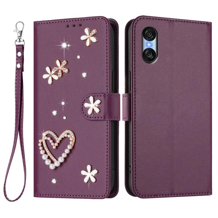 For Sony Xperia 10 VI ZS01 Double-Layer Heart Floral Vegan Leather Phone Case with Wrist Strap