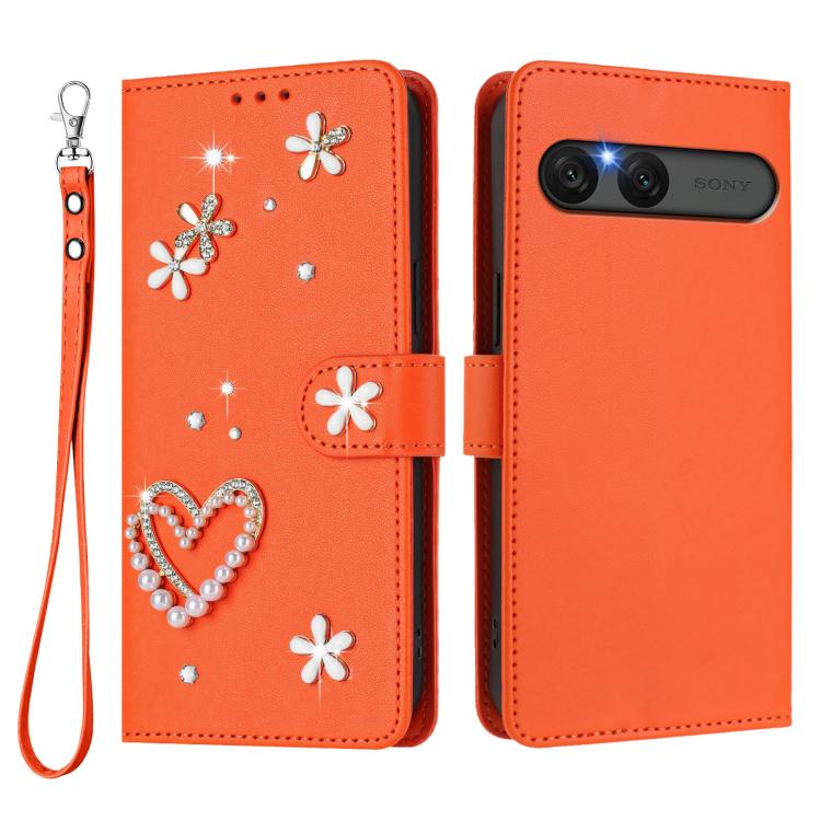 For Sony Xperia 10 VII ZS01 Double-Layer Heart Floral Vegan Leather Phone Case with Wrist Strap