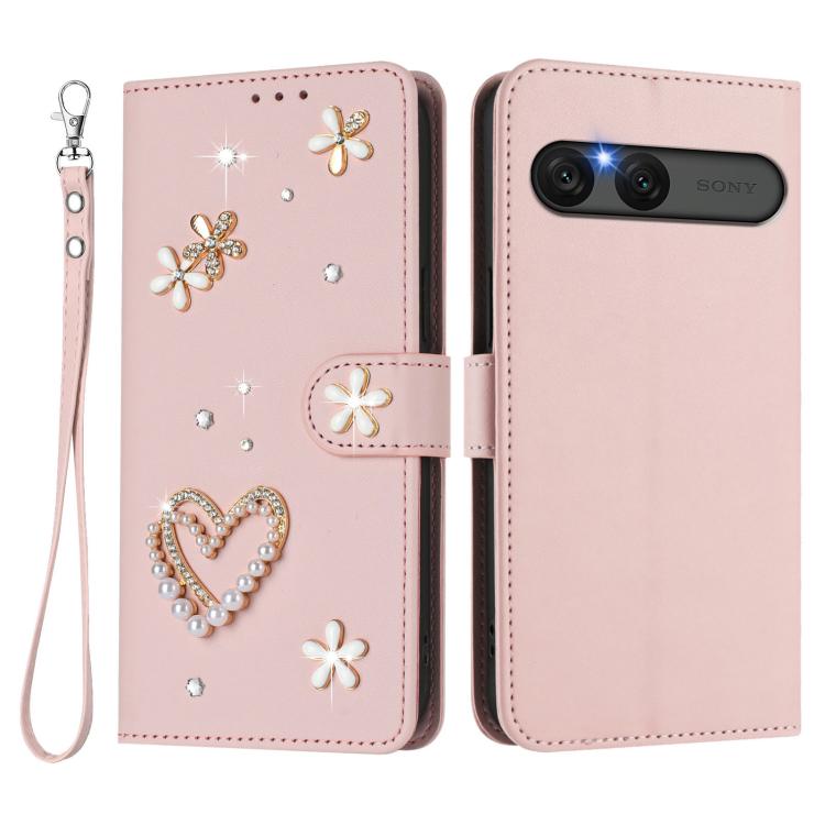 For Sony Xperia 10 VII ZS01 Double-Layer Heart Floral Vegan Leather Phone Case with Wrist Strap