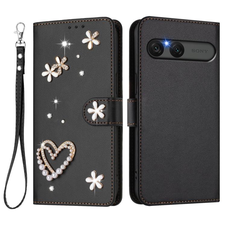 For Sony Xperia 10 VII ZS01 Double-Layer Heart Floral Vegan Leather Phone Case with Wrist Strap