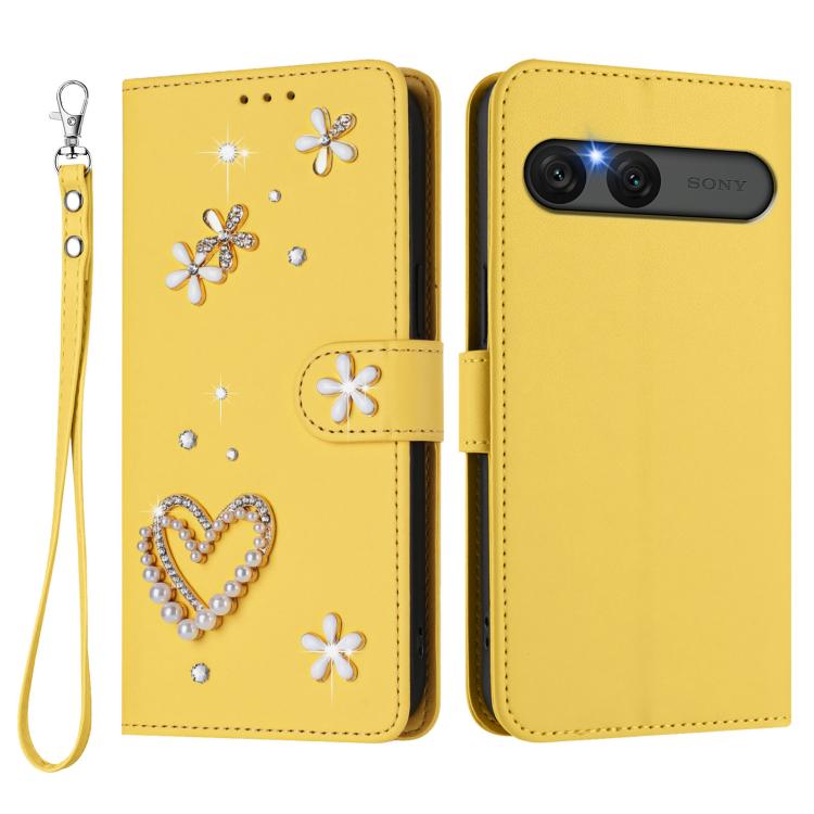 For Sony Xperia 10 VII ZS01 Double-Layer Heart Floral Vegan Leather Phone Case with Wrist Strap