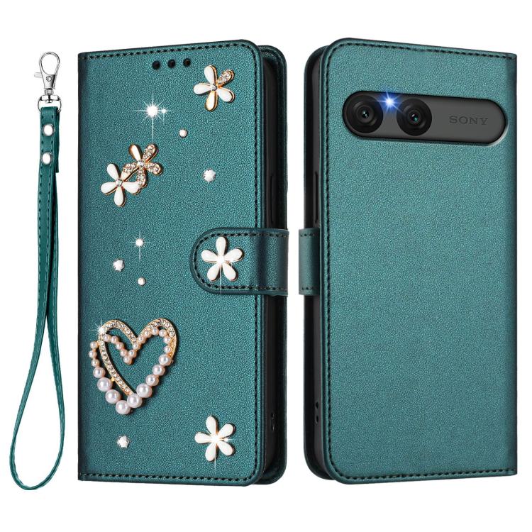 For Sony Xperia 10 VII ZS01 Double-Layer Heart Floral Vegan Leather Phone Case with Wrist Strap