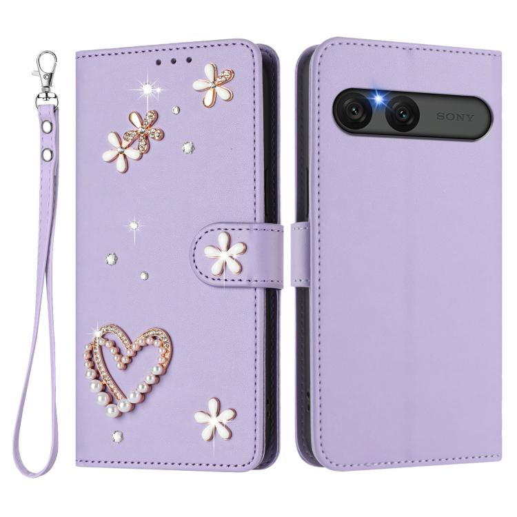 For Sony Xperia 10 VII ZS01 Double-Layer Heart Floral Vegan Leather Phone Case with Wrist Strap