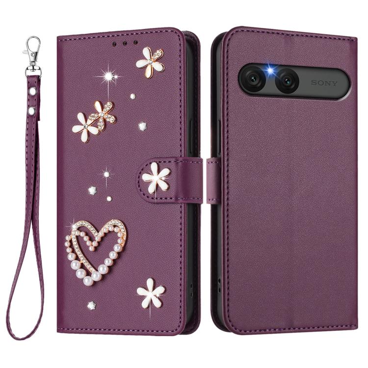 For Sony Xperia 10 VII ZS01 Double-Layer Heart Floral Vegan Leather Phone Case with Wrist Strap