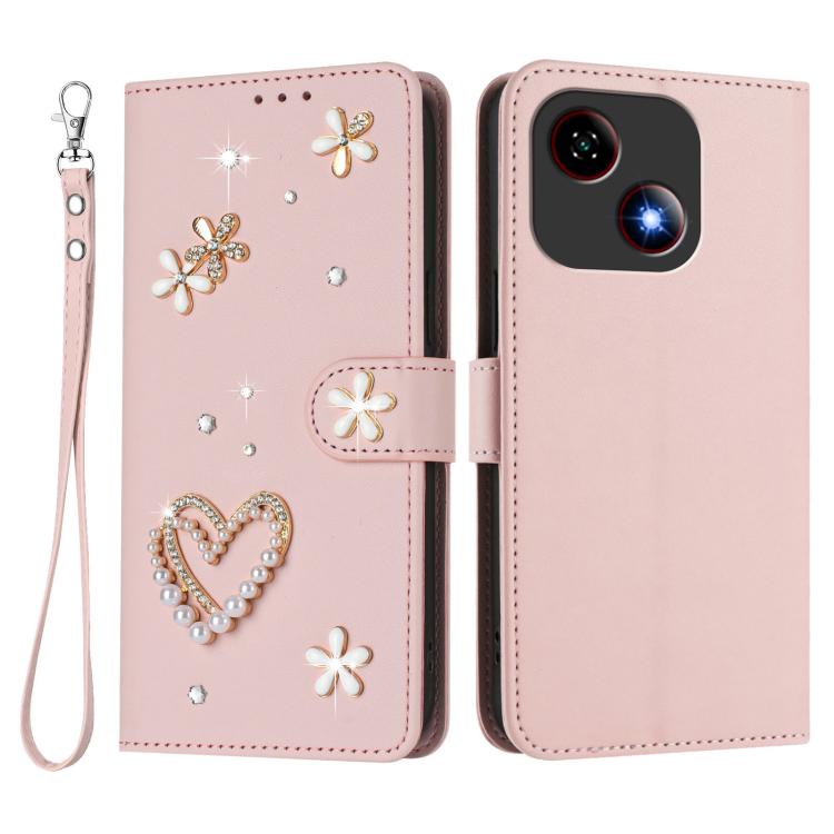 For ZTE Blade A35e 4G ZS01 Double-Layer Heart Floral Vegan Leather Phone Case with Wrist Strap