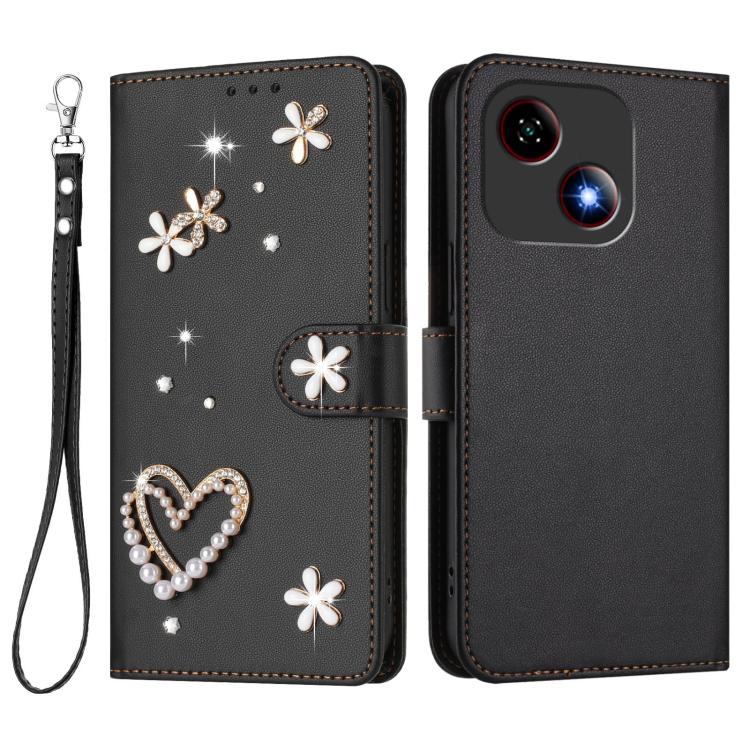 For ZTE Blade A35e 4G ZS01 Double-Layer Heart Floral Vegan Leather Phone Case with Wrist Strap