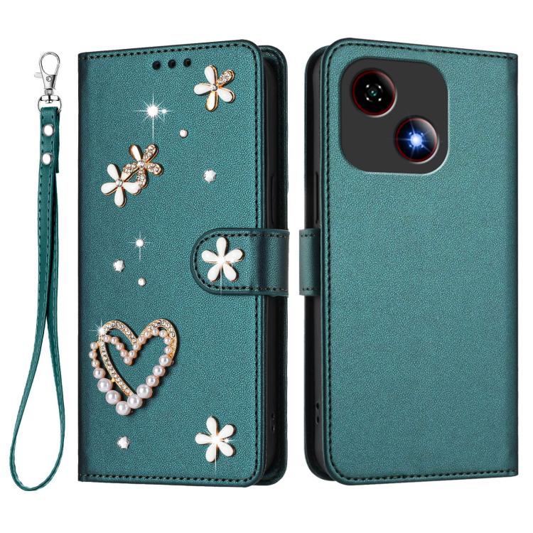 For ZTE Blade A35e 4G ZS01 Double-Layer Heart Floral Vegan Leather Phone Case with Wrist Strap
