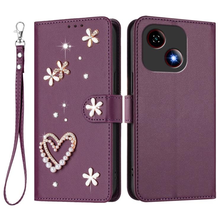 For ZTE Blade A35e 4G ZS01 Double-Layer Heart Floral Vegan Leather Phone Case with Wrist Strap