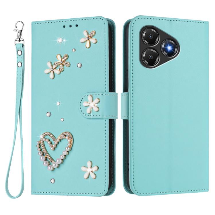 For ZTE Blade A36 4G ZS01 Double-Layer Heart Floral Vegan Leather Phone Case with Wrist Strap