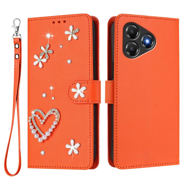 For ZTE Blade A36 4G ZS01 Double-Layer Heart Floral Vegan Leather Phone Case with Wrist Strap