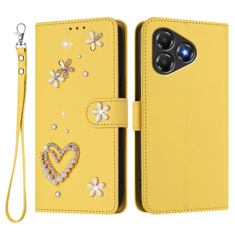 For ZTE Blade A36 4G ZS01 Double-Layer Heart Floral Vegan Leather Phone Case with Wrist Strap