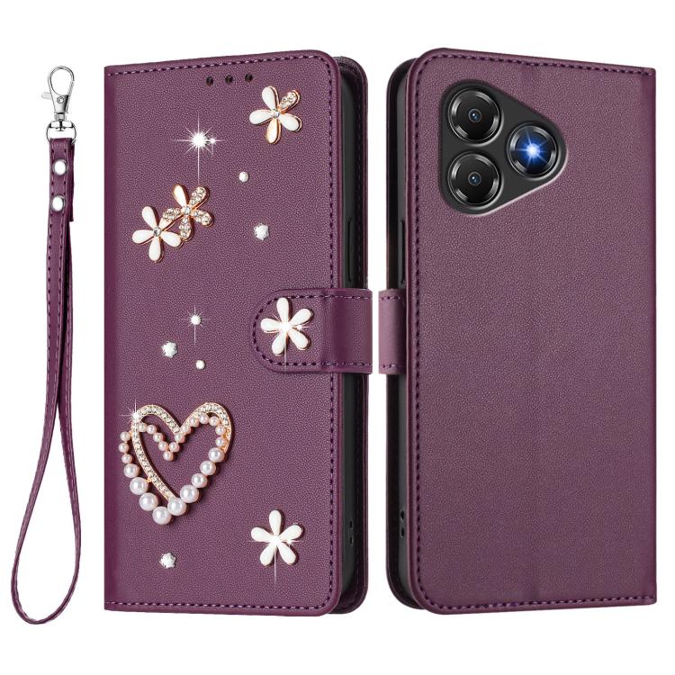 For ZTE Blade A36 4G ZS01 Double-Layer Heart Floral Vegan Leather Phone Case with Wrist Strap