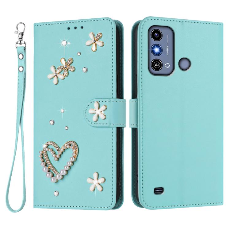 For ZTE Blade A53 / A53+ ZS01 Double-Layer Heart Floral Vegan Leather Phone Case with Wrist Strap